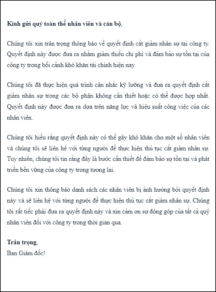 Mẫu thông báo cắt giảm nhân sự 1 