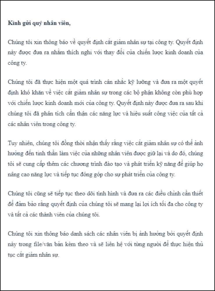 Mẫu thông báo cắt giảm nhân sự 2