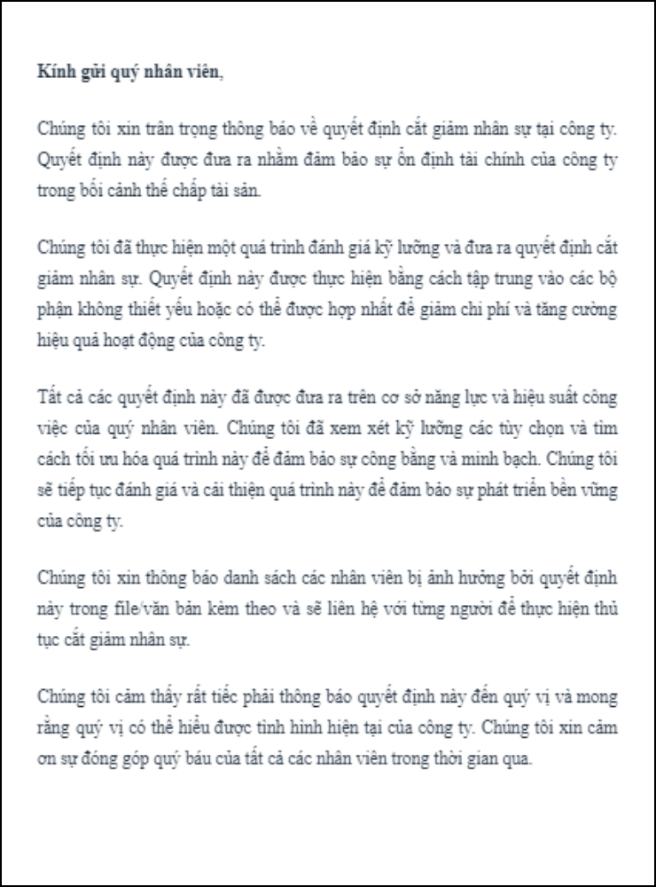 Mẫu thông báo cắt giảm nhân sự 3
