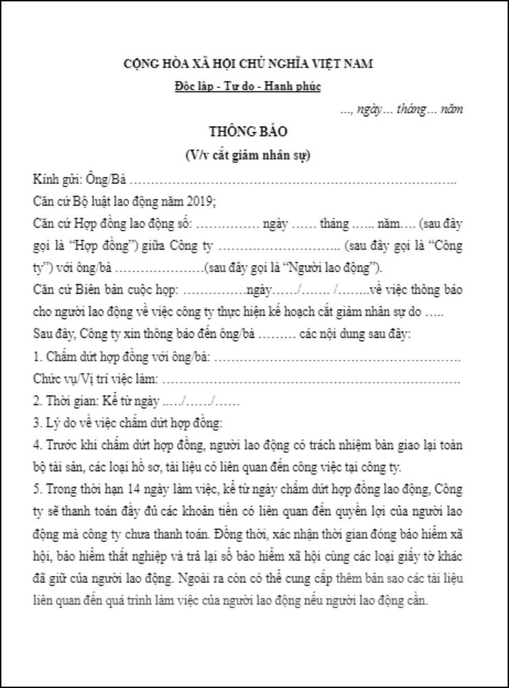 Mẫu thông báo cắt giảm nhân sự 4