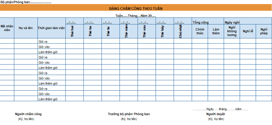 Báo cáo chấm công tính lương theo tuần