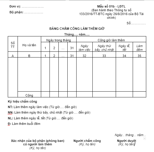 Bảng chấm công làm thêm giờ theo Thông tư 133