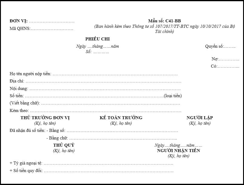 Mẫu phiếu chi theo thông tư 107
