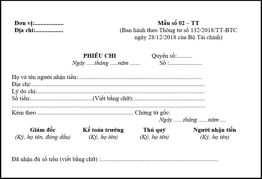 Mẫu phiếu chi theo thông tư 132