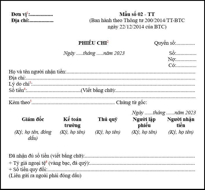 Mẫu phiếu chi theo thông tư 200