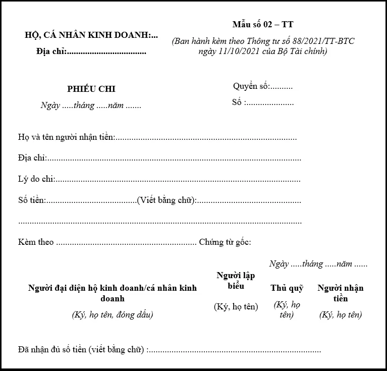 Mẫu phiếu chi theo thông tư 88 cho hộ kinh doanh