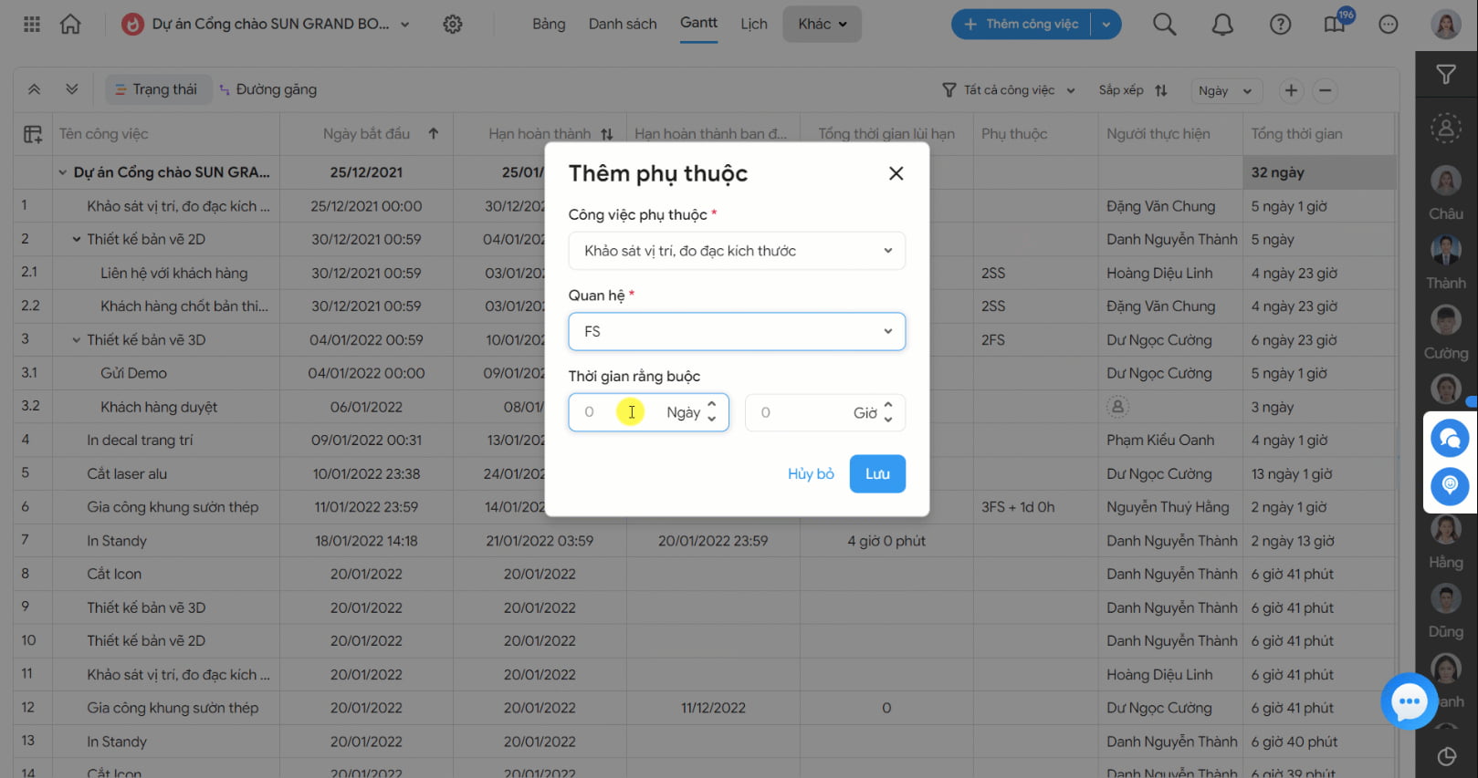 Thiết lập quan hệ phụ thuộc Gantt Chart