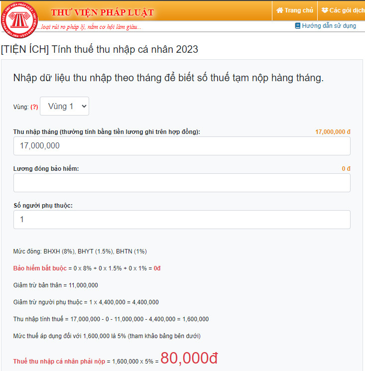 Cách tính thuế thu nhập cá nhân online trên trang thư viên pháp luật
