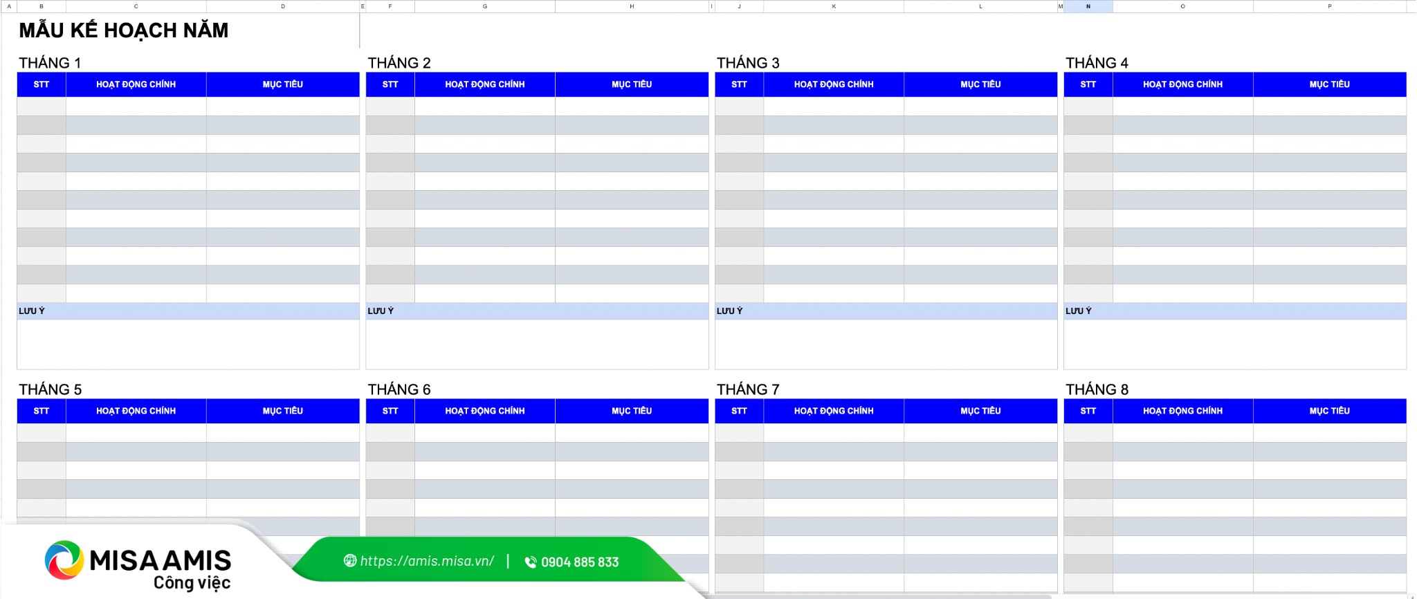Mẫu kế hoạch công việc năm bằng excel
