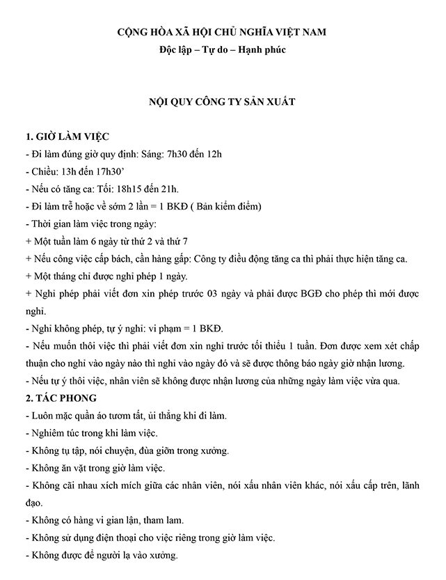 mẫu nội quy công ty sản xuất