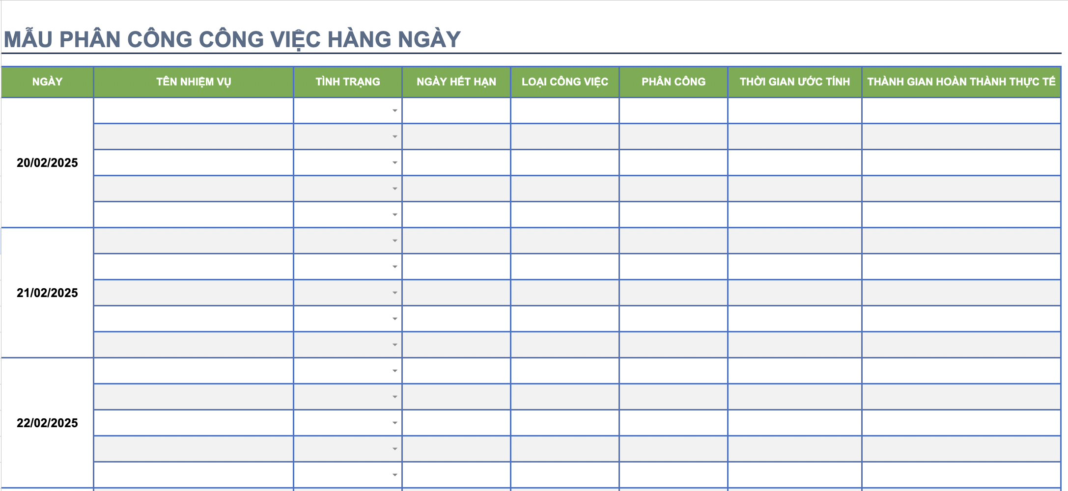 Bảng phân công công việc hàng ngày