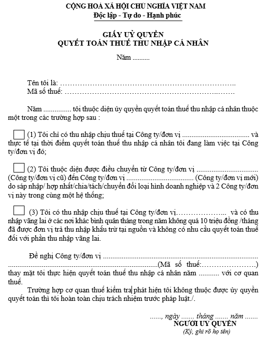 mẫu giấy ủy quyền quyết toán thuế TNCN
