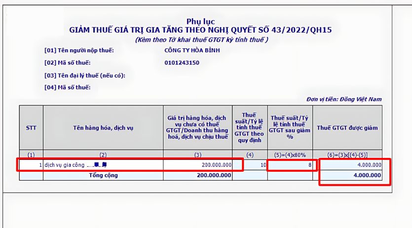 Cách điền phụ lục 43 giảm thuế GTGT