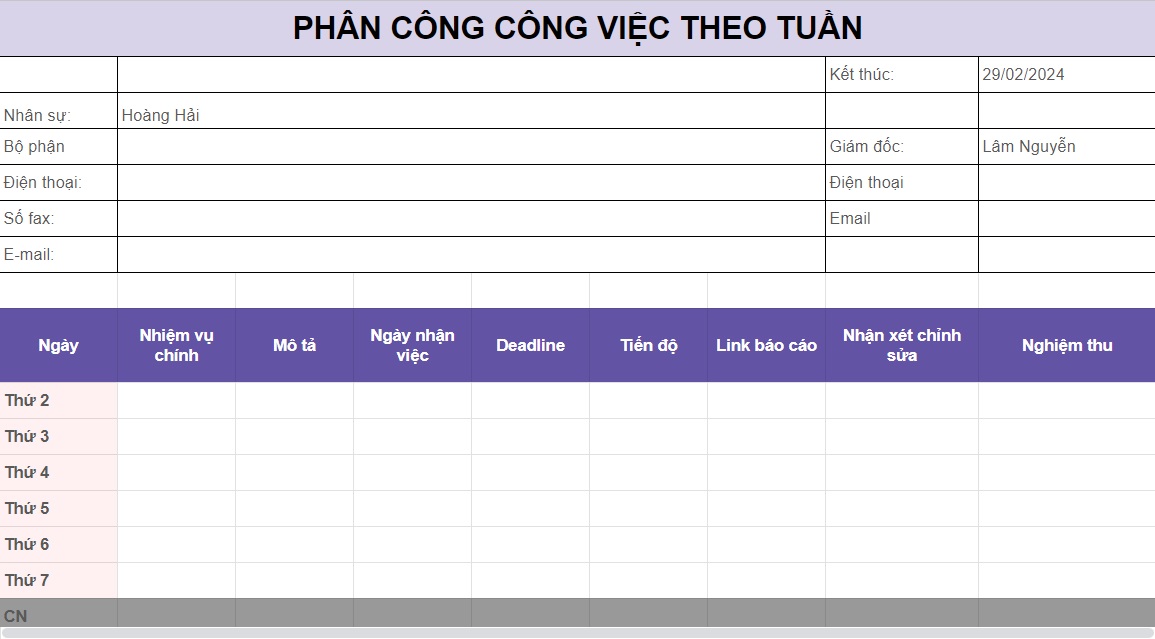 mẫu phân công nhân sự theo tuần