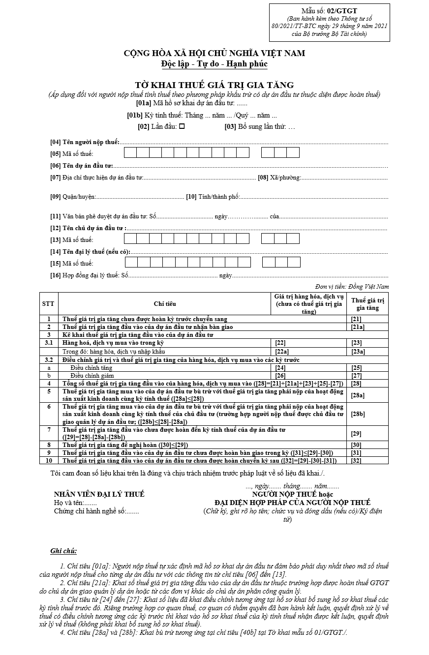 Mẫu tờ khai thuế GTGT theo TT80 số 02