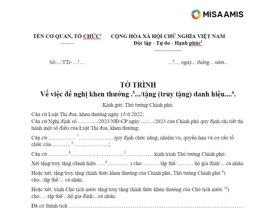 Tờ trình đề nghị khen thưởng