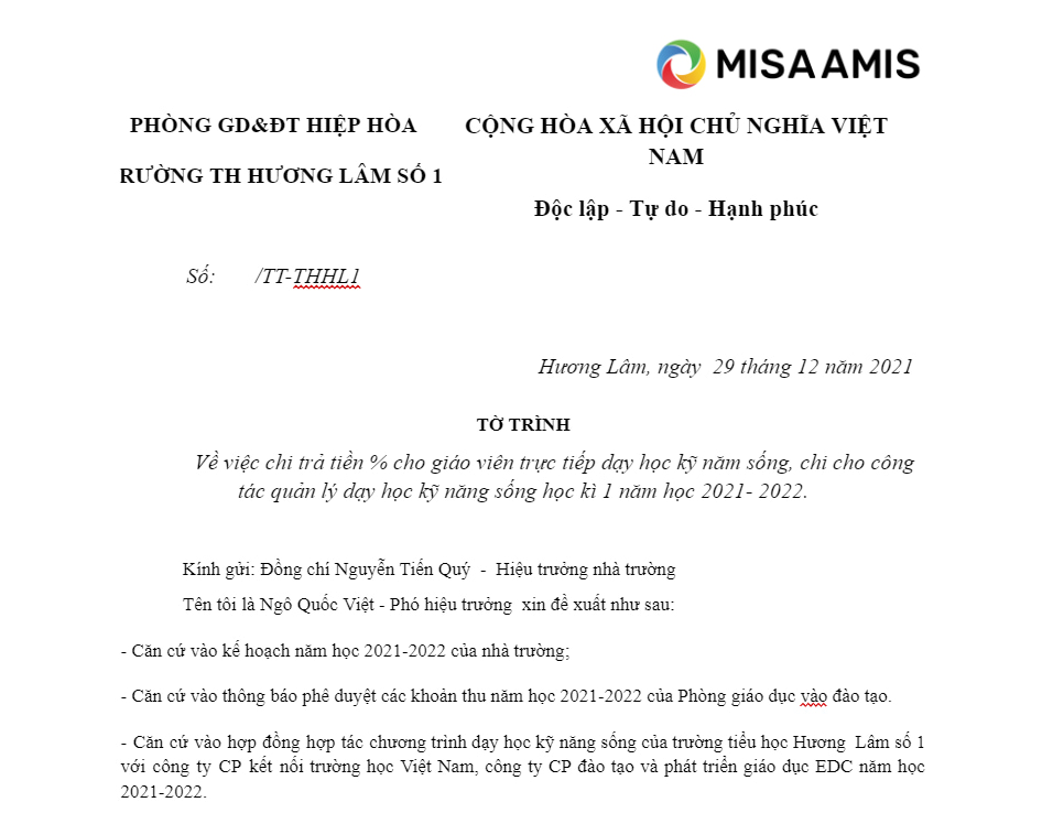 Tờ trình đề nghị mua sắm trang thiết bị