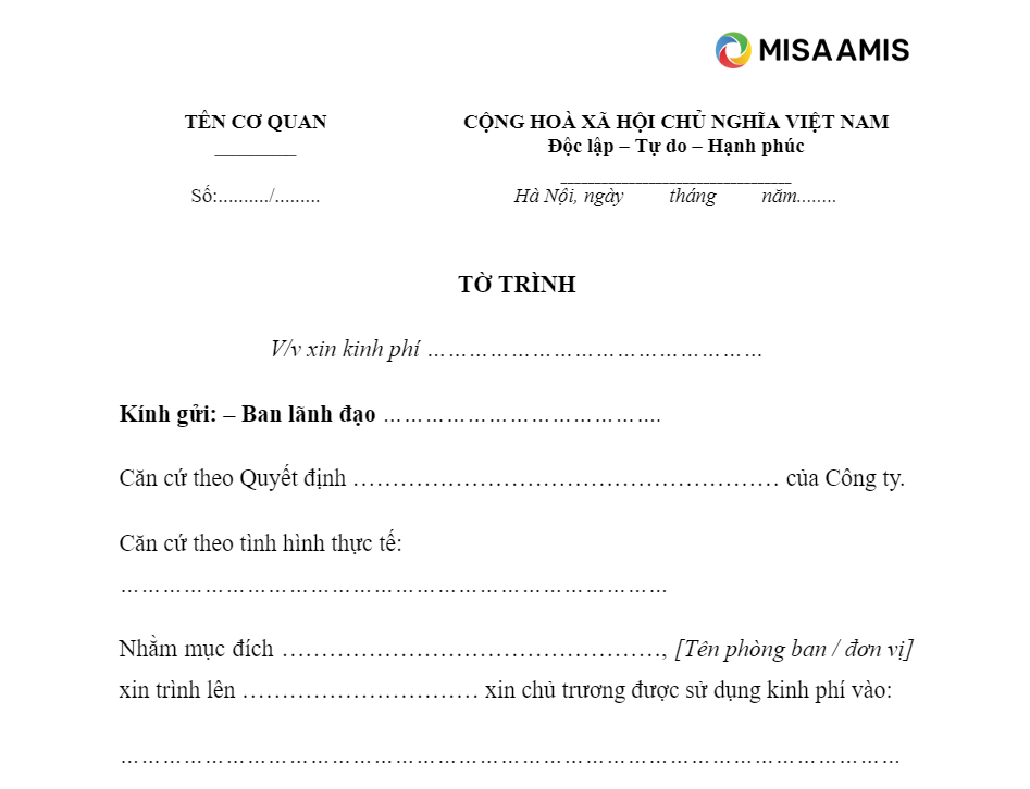 Tờ trình xin kinh phí