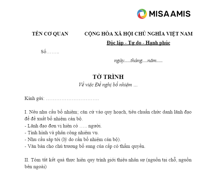 văn bản tờ trình bổ nhiệm