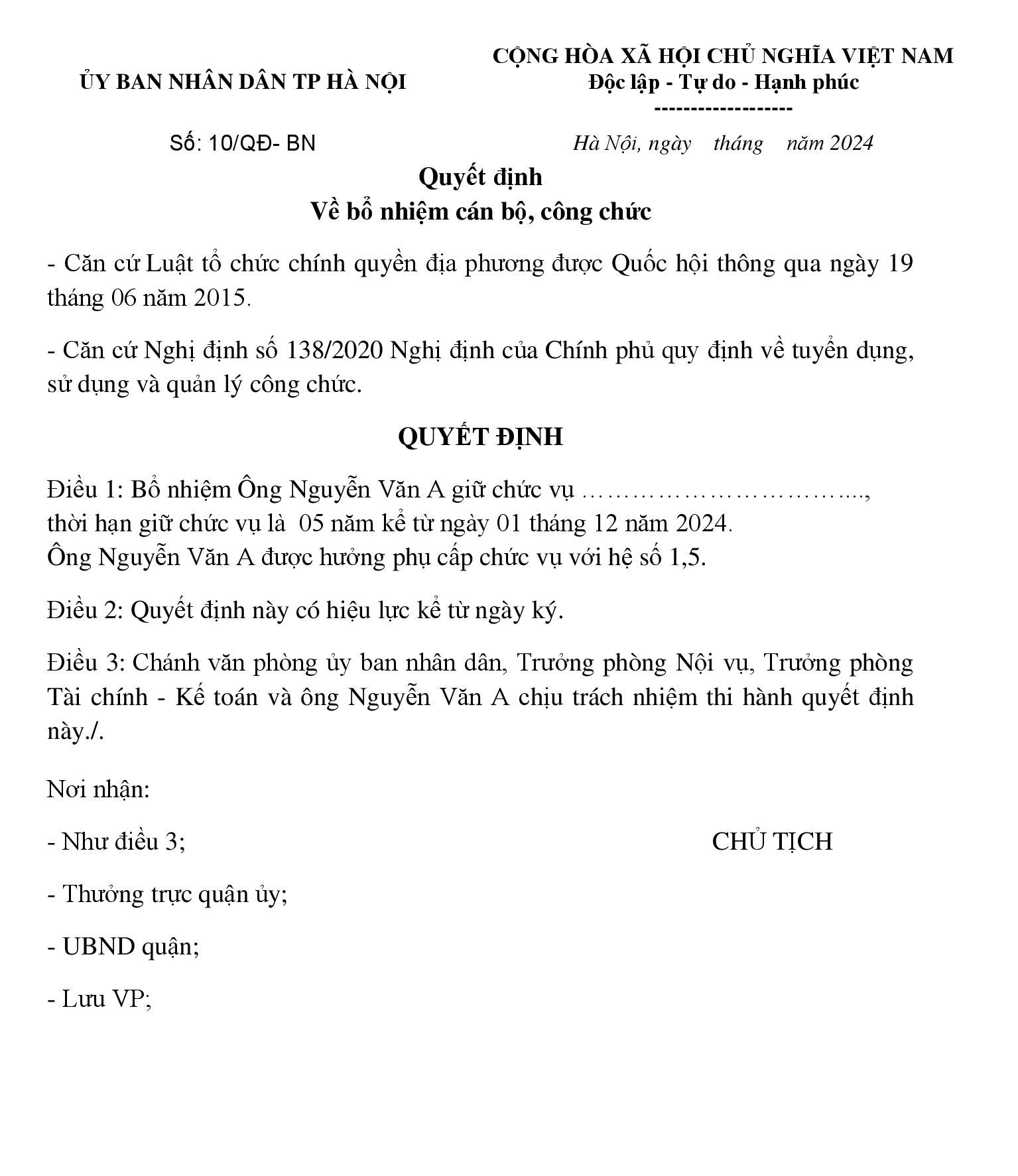 Mẫu quyết định bổ nhiệm cán bộ, công chức