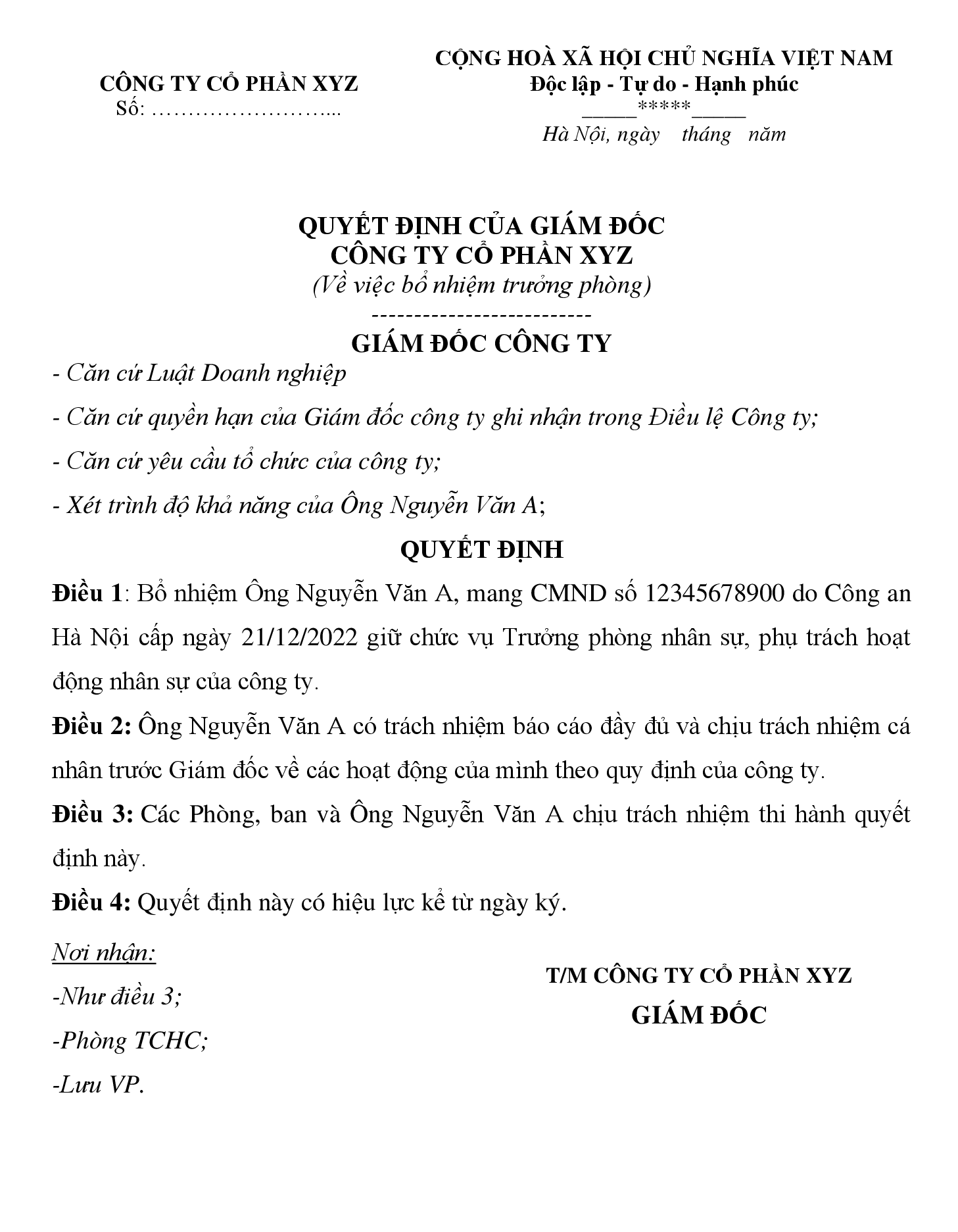 Mẫu quyết định bổ nhiệm trưởng phòng