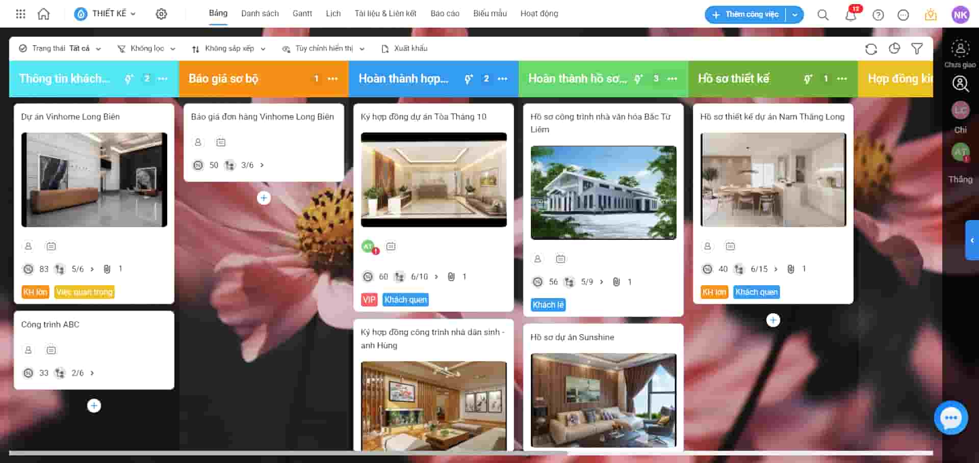 demo màn hình quản lý công việc dự án thiết kế nội thất