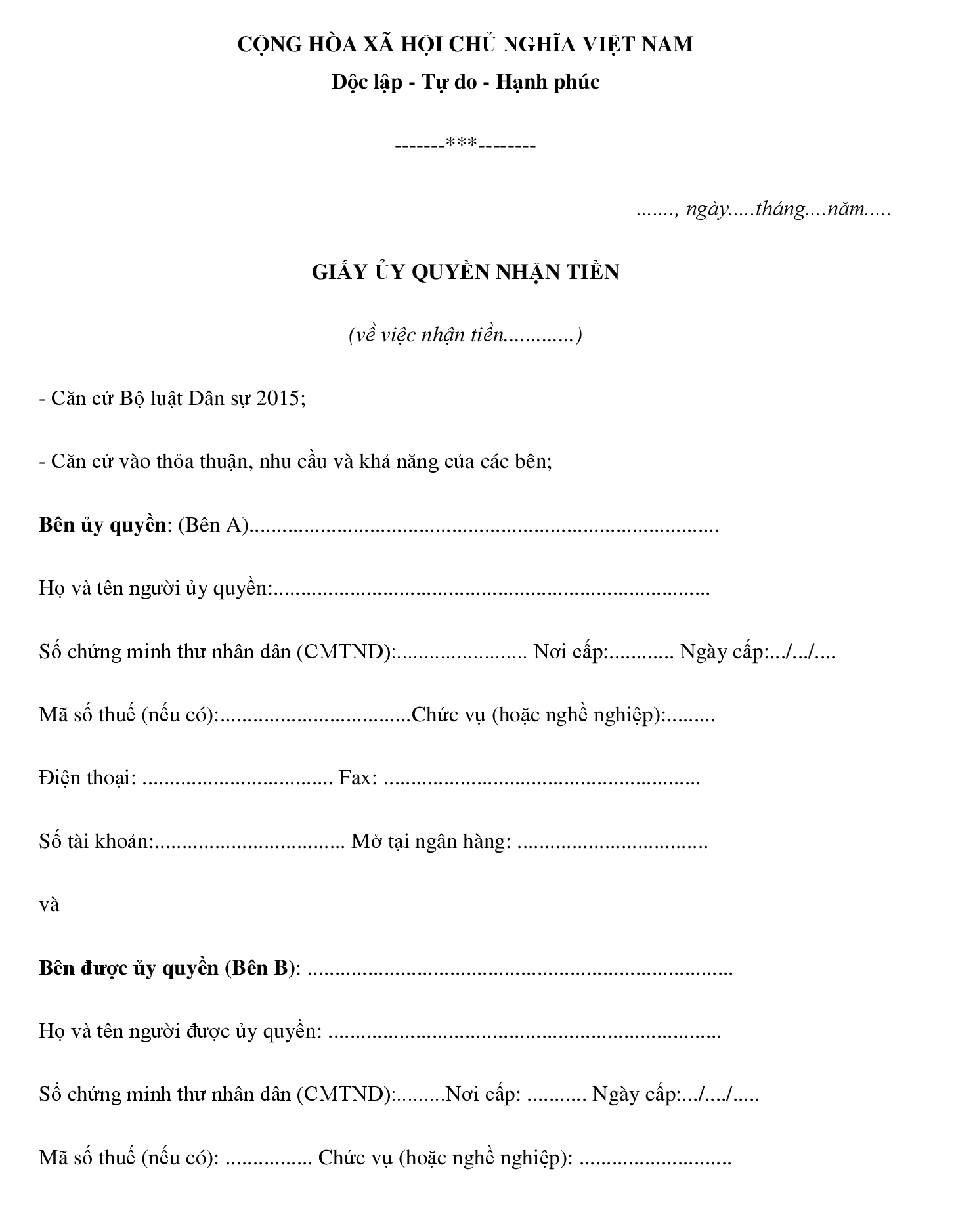 mẫu giấy ủy quyền công ty cho cá nhân