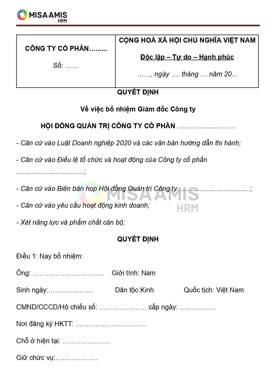 Mẫu quyết định bổ nhiệm trong công ty cổ phần