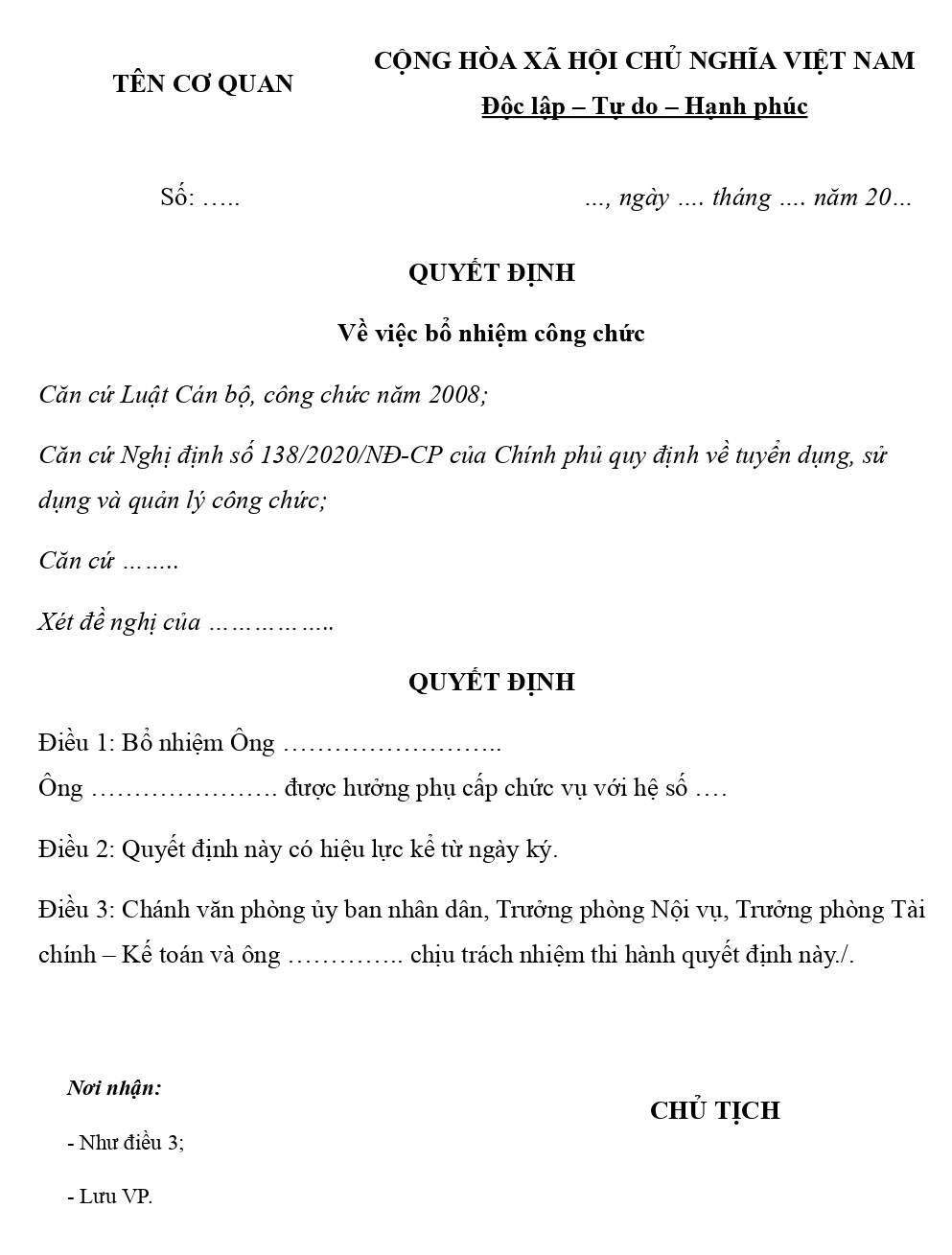 Mẫu quyết định bổ nhiệm trong cơ quan nhà nước