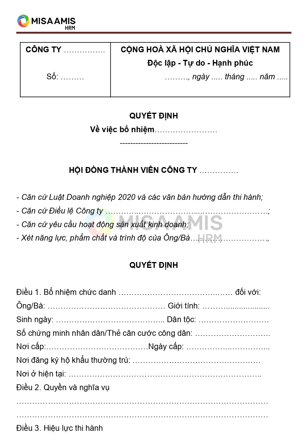 Mẫu quyết định bổ nhiệm trong công ty TNHH