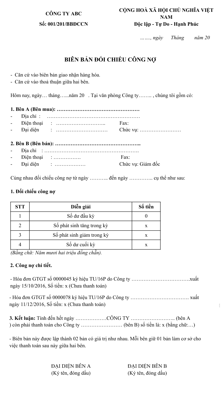 Mẫu biên bản đối chiếu công nợ