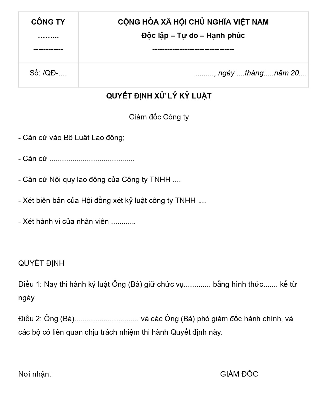 mẫu quyết định kỷ luật lao động