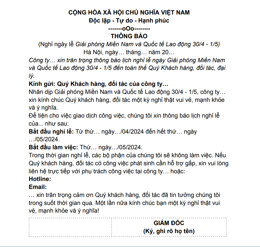 mẫu thông báo nghỉ lễ nội bộ công ty