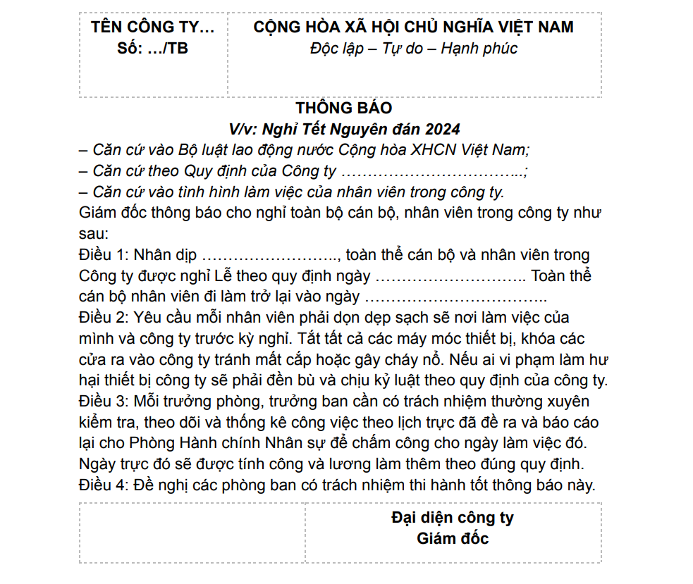 mẫu thông báo nghỉ lễ nội bộ công ty