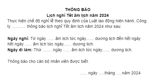 mẫu thông báo nghỉ lễ nội bộ công ty