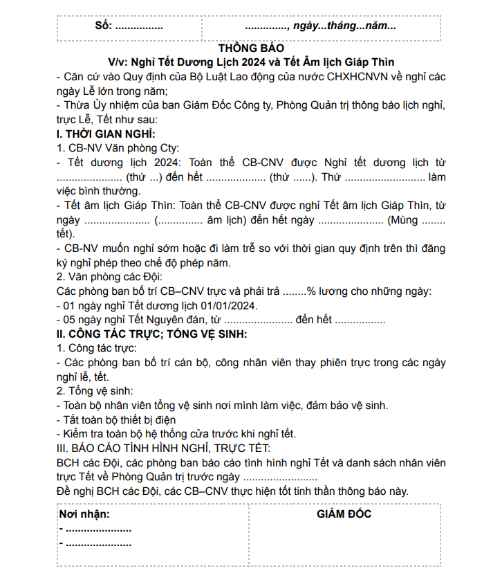 mẫu thông báo nghỉ lễ nội bộ công ty
