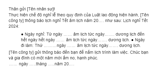 mẫu thông báo nghỉ lễ nội bộ công ty