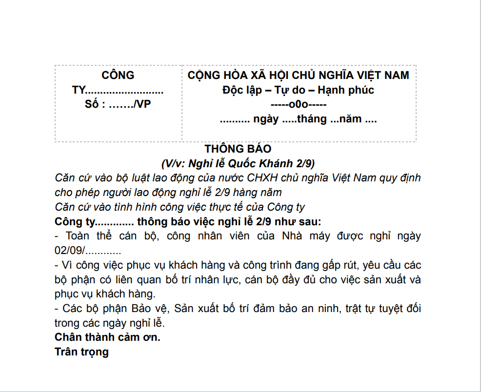 mẫu thông báo nghỉ lễ nội bộ công ty