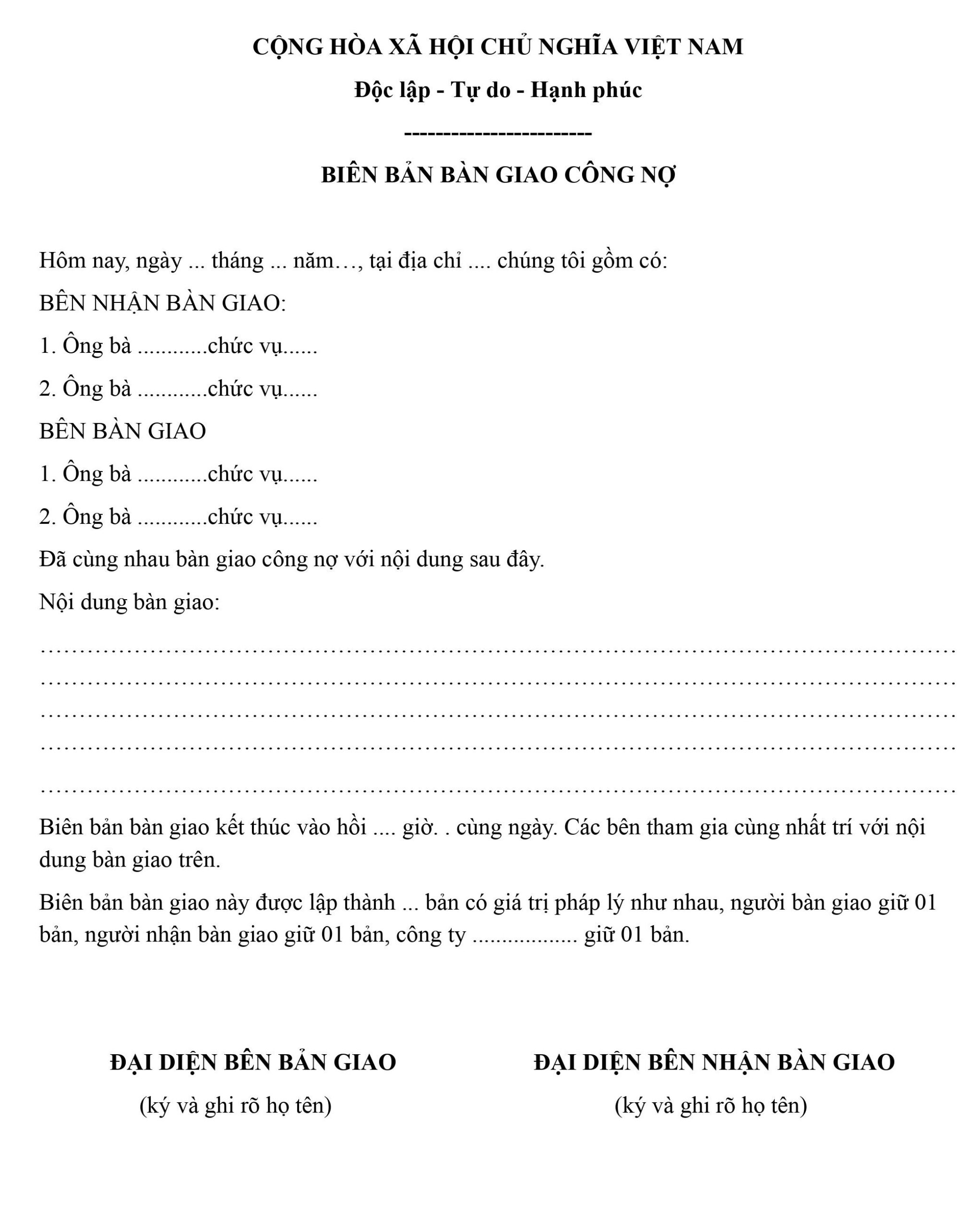 biên bản bàn giao công nợ nghỉ việc