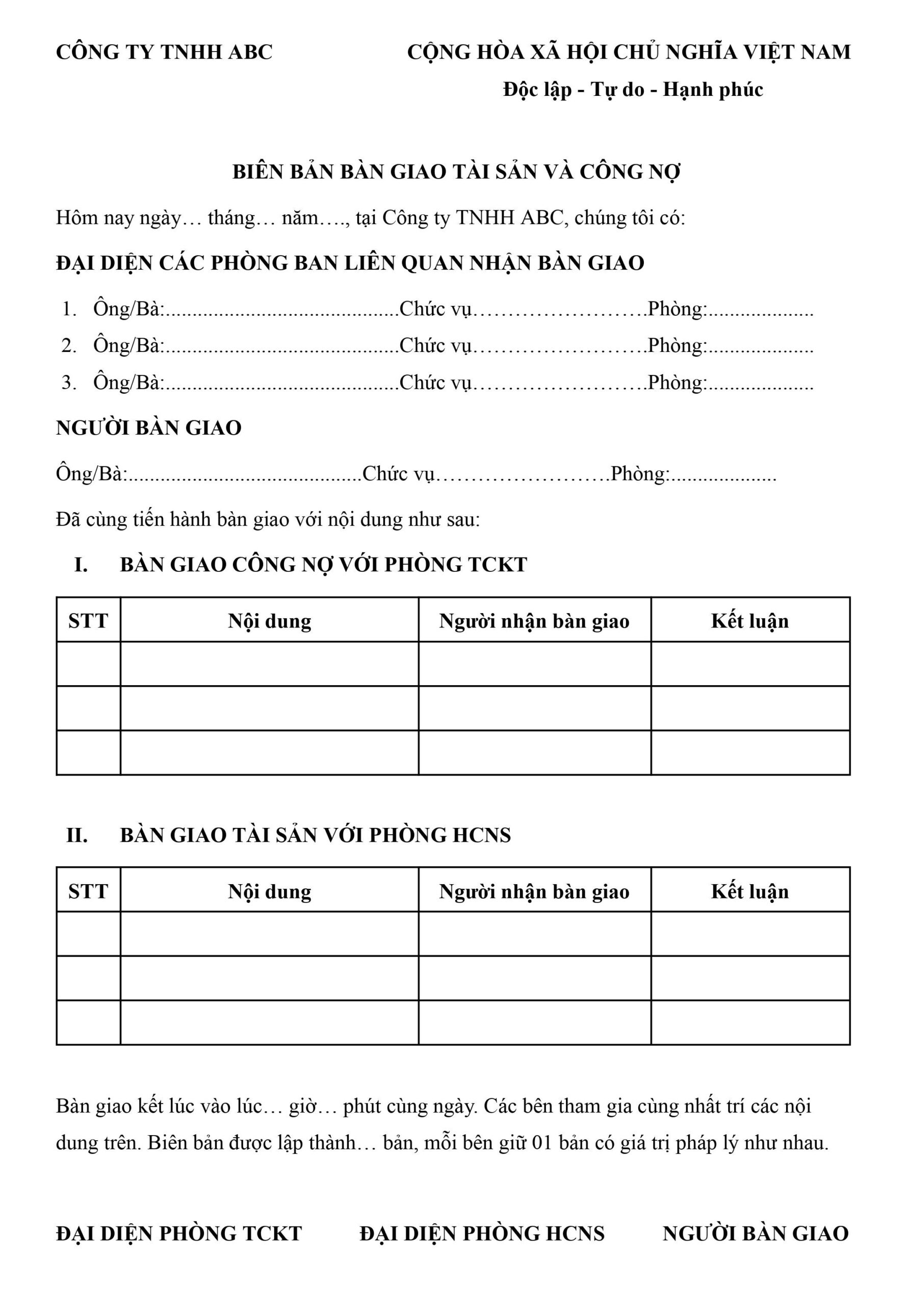 biên bản bàn giao công nợ nghỉ việc