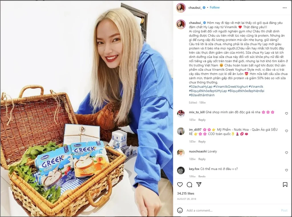 Chiến dịch truyền thông của Vinamilk hợp tác với người mẫu Châu Bùi để quảng bá sản phẩm.