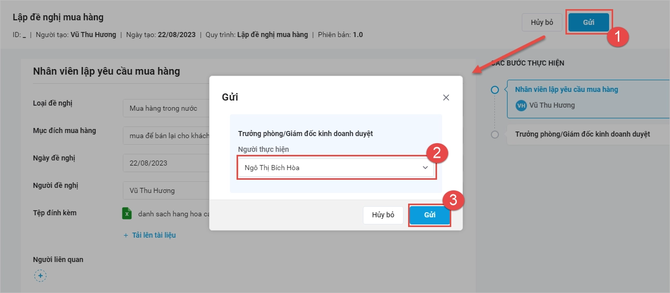 tự động gửi phê duyệt yêu cầu mua hàng