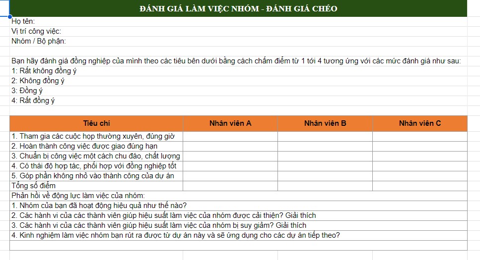 mẫu đánh giá làm việc ngang hàng - đánh giá chéo