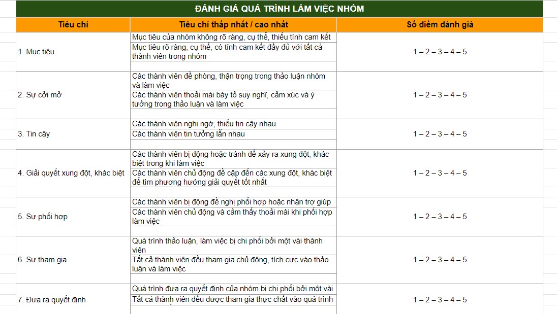 mẫu đánh giá làm việc nhóm theo quá trình