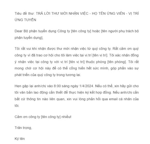 mẫu email gửi nhà tuyển dụng - đồng ý nhận việc