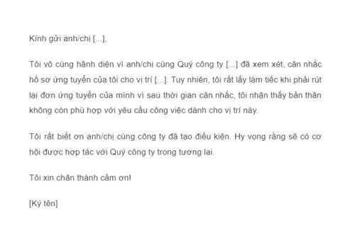 mẫu email gửi nhà tuyển dụng thư từ chối
