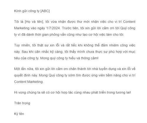 mẫu email gửi nhà tuyển dụng - thư từ chối nhận việc