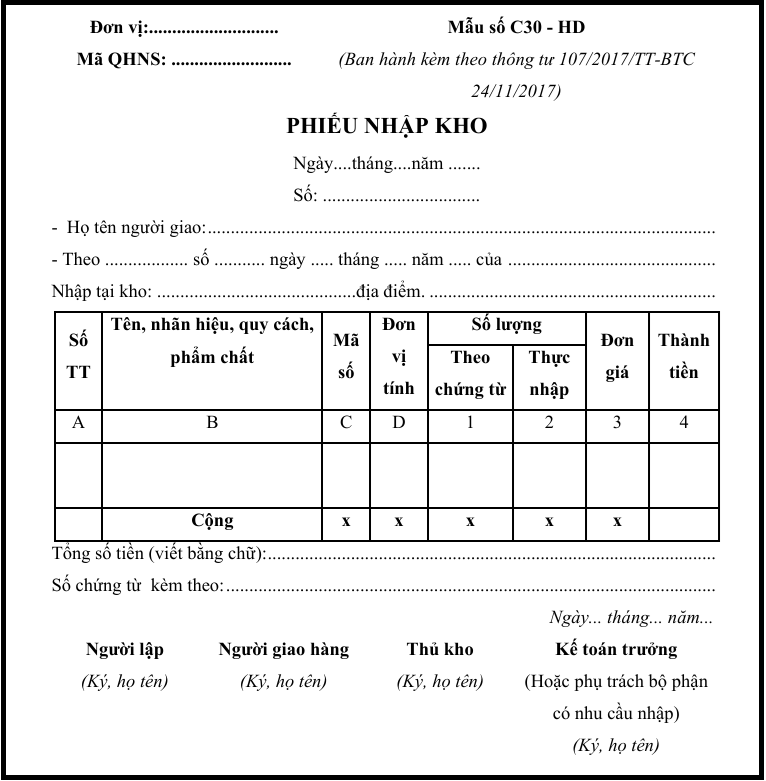 Mẫu phiếu nhập kho theo thông tư 107
