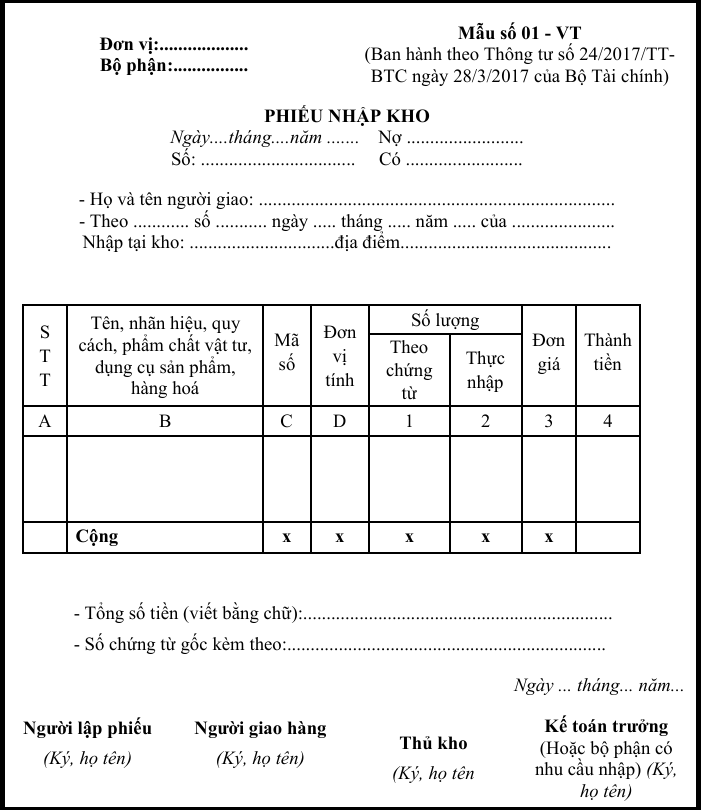 Mẫu phiếu nhập kho theo thông tư 24