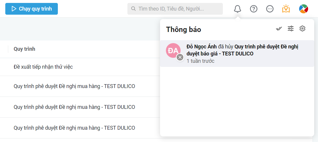 thông báo trạng thái amis quy trình